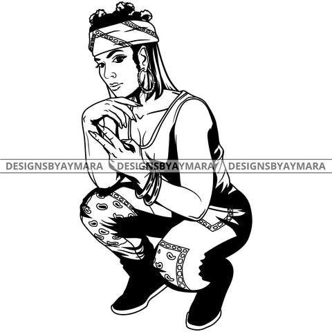 Black Goddess Lola Boss Lady Deuces Squatting Nubian Melanin Bamboo Hoop Earrings Sexy Woman Banku Knots Hair Style B/W SVG Cutting Files For Silhouette  Cricut