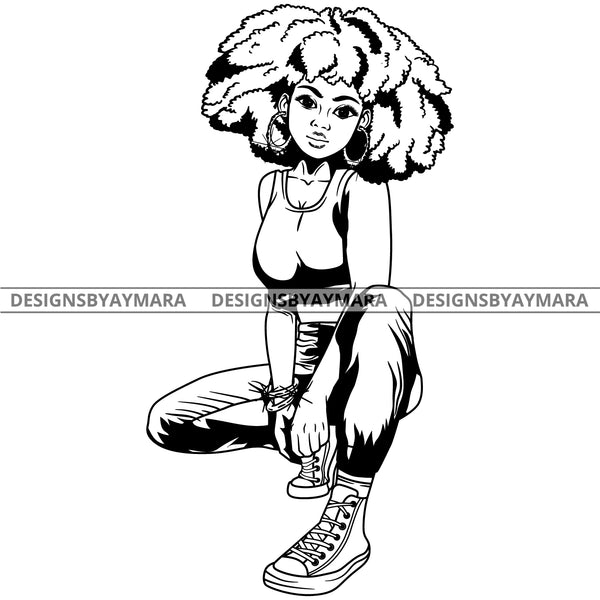 Black Goddess Lola Boss Lady Squatting Nubian Melanin Bamboo Hoop Earrings Sexy Woman Casual High Tops  Afro Hair Style B/W SVG Cutting Files For Silhouette  Cricut