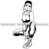 Black Goddess Lola Boss Lady Squatting Nubian Melanin Bamboo Hoop Earrings Sexy Woman Casual High Tops Short Hair Style B/W SVG Cutting Files For Silhouette  Cricut