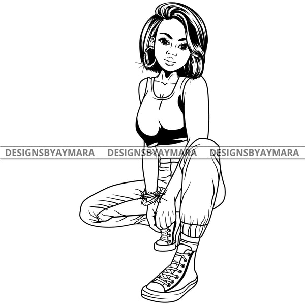 Black Goddess Lola Boss Lady Squatting Nubian Melanin Bamboo Hoop Earrings Sexy Woman Casual High Tops Straight Hair Style B/W SVG Cutting Files For Silhouette  Cricut