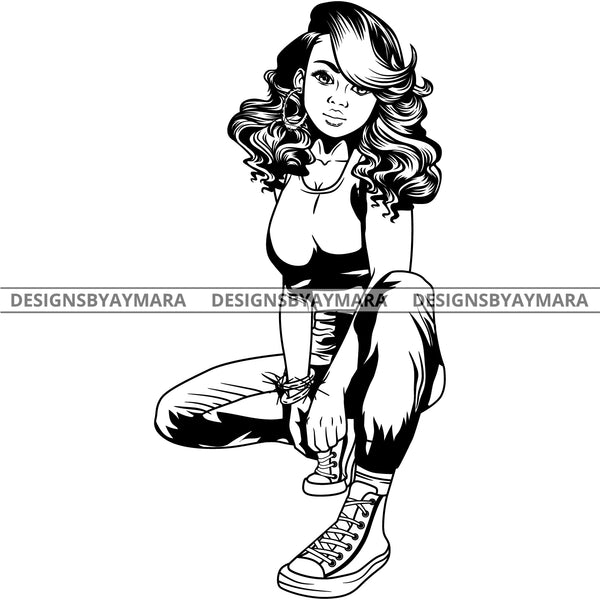 Black Goddess Lola Boss Lady Squatting Nubian Melanin Bamboo Hoop Earrings Sexy Woman Casual High Tops Wavy Hair Style B/W SVG Cutting Files For Silhouette  Cricut