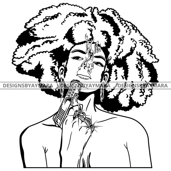Black Goddess Lola Gangster Boss Lady Gun Firearm Gun Powder Bamboo Hoop Earrings Sexy Afro Hair Style B/W SVG Cutting Files For Silhouette  Cricut