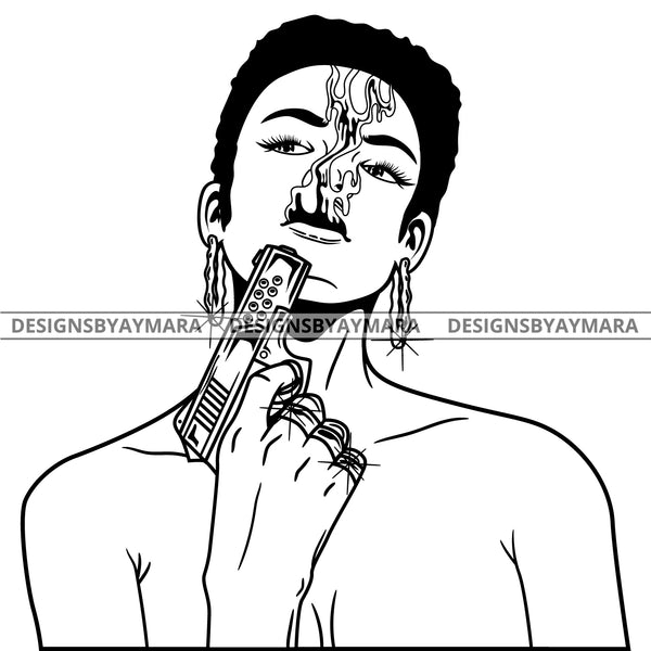 Black Goddess Lola Gangster Boss Lady Gun Firearm Gun Powder Bamboo Hoop Earrings Sexy Short Hair Style B/W SVG Cutting Files For Silhouette  Cricut