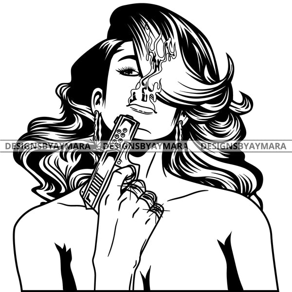 Black Goddess Lola Gangster Boss Lady Gun Firearm Gun Powder Bamboo Hoop Earrings Sexy Wavy Hair Style B/W SVG Cutting Files For Silhouette  Cricut
