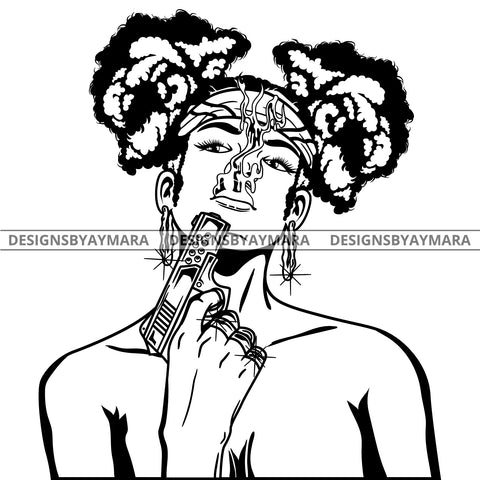 Black Goddess Lola Gangster Boss Lady Gun Firearm Gun Powder Bamboo Hoop Earrings Sexy Pigtails Hair Style B/W SVG Cutting Files For Silhouette  Cricut