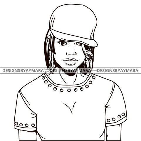 Black Lola Urban Boss Lady Baseball Cap Bamboo Hoop Earrings Sexy Black Casual Woman Wavy Hair Style  B/W SVG Cutting Files For Silhouette  Cricut