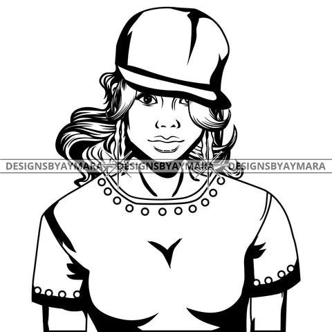 Black Lola Urban Boss Lady Baseball Cap Bamboo Hoop Earrings Sexy Black Casual Woman Wavy Hair Style  B/W SVG Cutting Files For Silhouette  Cricut