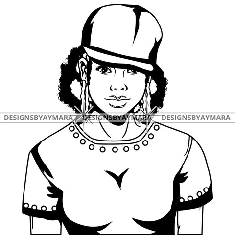 Black Lola Urban Boss Lady Baseball Cap Bamboo Hoop Earrings Sexy Black Casual Woman Afro Hair Style  B/W SVG Cutting Files For Silhouette  Cricut