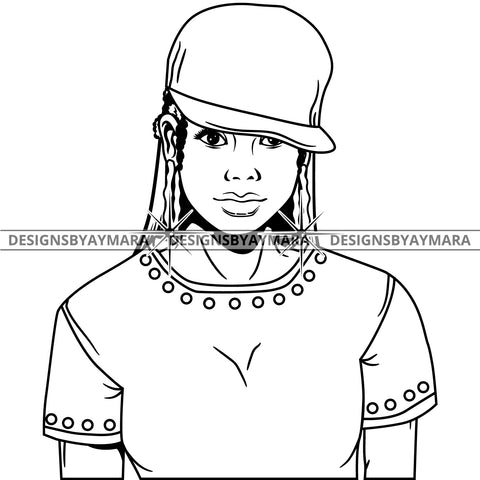 Black Lola Urban Boss Lady Baseball Cap Bamboo Hoop Earrings Sexy Black Casual Woman Staraight Hair Style  B/W SVG Cutting Files For Silhouette  Cricut