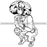 Black Goddess Lola Boss Lady Deuces Squatting Nubian Melanin Bamboo Hoop Earrings Sexy Woman Afro Hair Style B/W SVG Cutting Files For Silhouette  Cricut