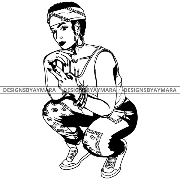 Black Goddess Lola Boss Lady Deuces Squatting Nubian Melanin Bamboo Hoop Earrings Sexy Woman Short Hair Style B/W SVG Cutting Files For Silhouette  Cricut