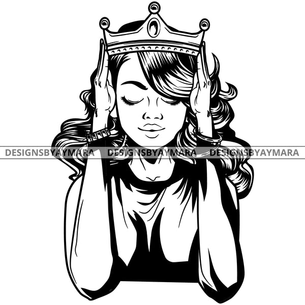 Black Goddess Queen Lola Glamour Bamboo Hoop Earrings Sexy Fixing Crown Wavy Hair Style B/W SVG Cutting Files For Silhouette  Cricut