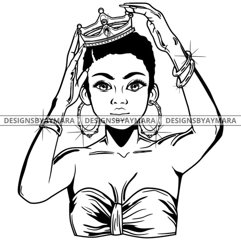 Black Goddess Queen Lola Glamour Bamboo Hoop Earrings Sexy Fixing Crown Short Hair Style B/W SVG Cutting Files For Silhouette  Cricut