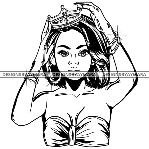 Black Goddess Queen Lola Glamour Bamboo Hoop Earrings Sexy Fixing Crown Straight Hair Style B/W SVG Cutting Files For Silhouette  Cricut