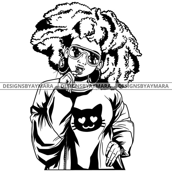 Black Goddess Lola Boss Lady Glasses Nubian Lollipop Bamboo Hoop Earrings Sexy Fashion Woman Afro Hair Style B/W SVG Cutting Files For Silhouette  Cricut