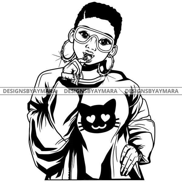 Black Goddess Lola Boss Lady Glasses Nubian Lollipop Bamboo Hoop Earrings Sexy Fashion Woman Short Hair Style B/W SVG Cutting Files For Silhouette  Cricut