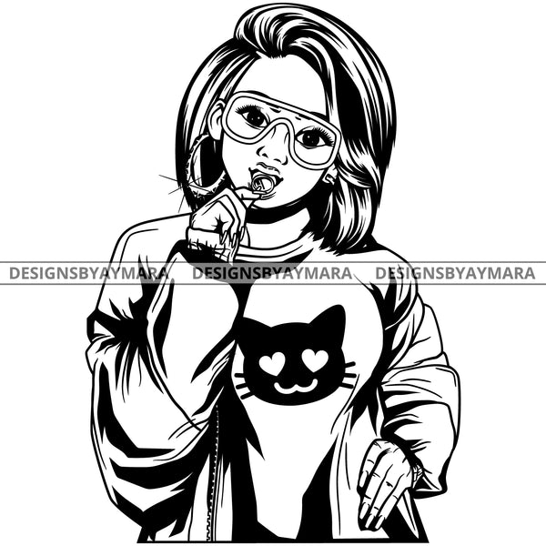 Black Goddess Lola Boss Lady Glasses Nubian Lollipop Bamboo Hoop Earrings Sexy Fashion Woman Straight Hair Style B/W SVG Cutting Files For Silhouette  Cricut