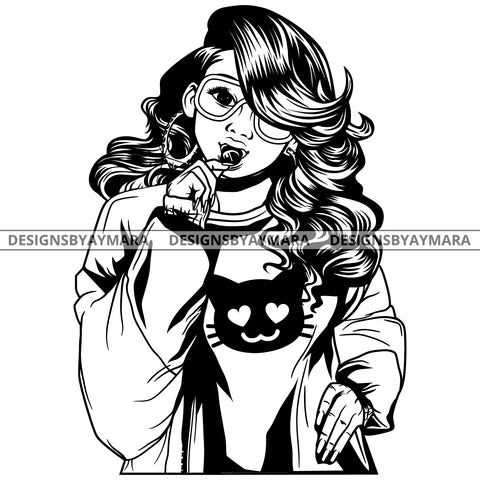 Black Goddess Lola Boss Lady Glasses Nubian Lollipop Bamboo Hoop Earrings Sexy Fashion Woman Wavy Hair Style B/W SVG Cutting Files For Silhouette  Cricut