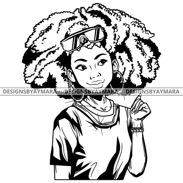 Black Goddess Lola Boss Lady Glasses Nubian Portrait  Bamboo Hoop Earrings Sexy Fashion Woman Afro Hair Style B/W SVG Cutting Files For Silhouette  Cricut