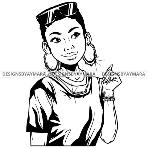 Black Goddess Lola Boss Lady Glasses Nubian Portrait  Bamboo Hoop Earrings Sexy Fashion Woman Short Hair Style B/W SVG Cutting Files For Silhouette  Cricut