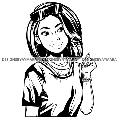 Black Goddess Lola Boss Lady Glasses Nubian Portrait Bamboo Hoop Earrings Sexy Fashion Woman Straight Hair Style B/W SVG Cutting Files For Silhouette  Cricut
