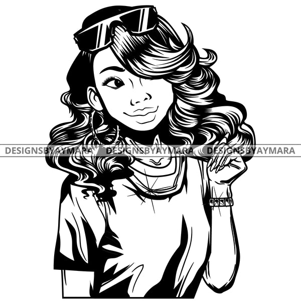 Black Goddess Lola Boss Lady Glasses Nubian Portrait Bamboo Hoop Earrings Sexy Fashion Woman Wavy Hair Style B/W SVG Cutting Files For Silhouette  Cricut