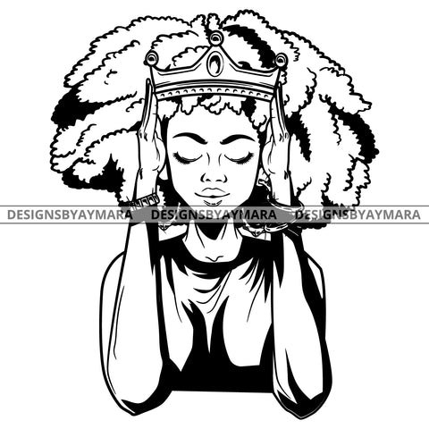 Black Goddess Queen Lola Glamour Bamboo Hoop Earrings Sexy Fixing Crown Afro Hair Style B/W SVG Cutting Files For Silhouette  Cricut