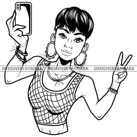 Black Goddess Lola Selfie Deuces Nubian Bamboo Hoop Earrings Sexy Fashion Portrait Woman Short Hair Style B/W SVG Cutting Files For Silhouette  Cricut