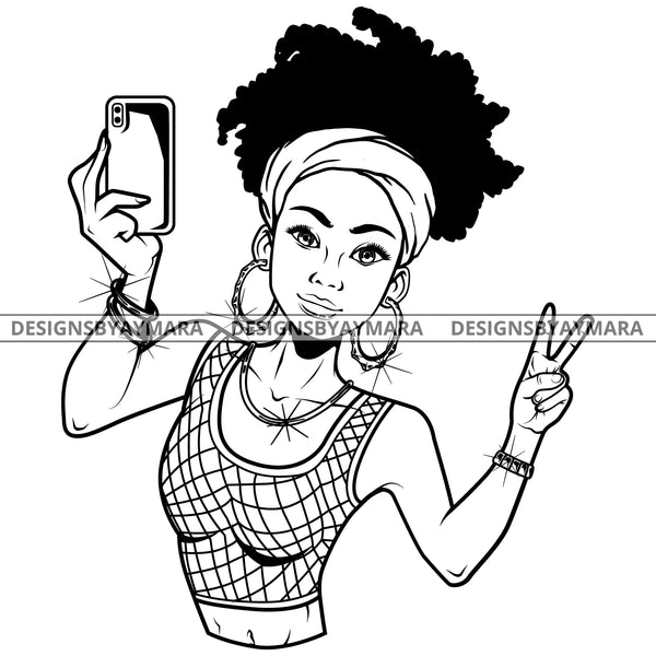 Black Goddess Lola Selfie Deuces Nubian Bamboo Hoop Earrings Sexy Fashion Portrait Woman Afro Up Do Hair Style B/W SVG Cutting Files For Silhouette  Cricut