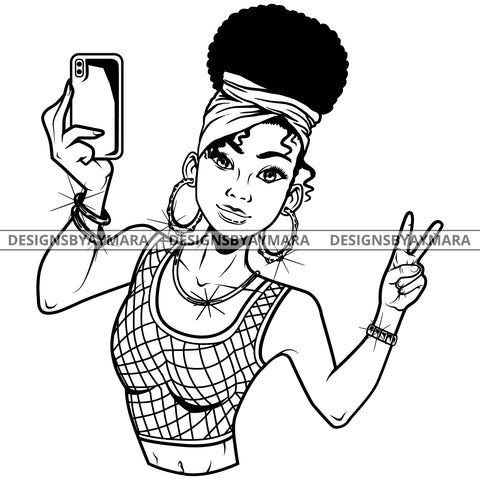 Black Goddess Lola Selfie Deuces Nubian Bamboo Hoop Earrings Sexy Fashion Portrait Woman Afro Up Do Hair Style B/W SVG Cutting Files For Silhouette  Cricut