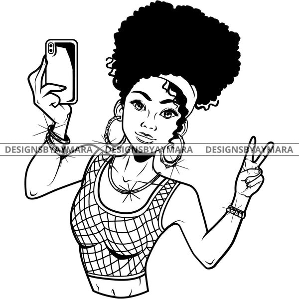Black Goddess Lola Selfie Deuces Nubian Bamboo Hoop Earrings Sexy Fashion Portrait Woman Afro Up Do Hair Style B/W SVG Cutting Files For Silhouette  Cricut