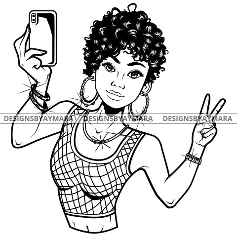 Black Goddess Lola Selfie Deuces Nubian Bamboo Hoop Earrings Sexy Fashion Portrait Woman Short Hair Style B/W SVG Cutting Files For Silhouette  Cricut