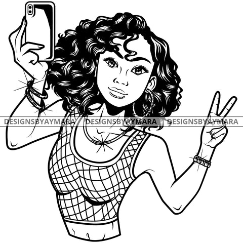 Black Goddess Lola Selfie Deuces Nubian Bamboo Hoop Earrings Sexy Fashion Portrait Woman Curly Hair Style B/W SVG Cutting Files For Silhouette  Cricut