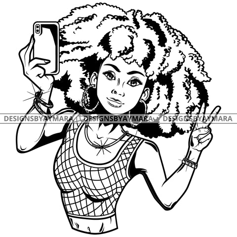 Black Goddess Lola Selfie Deuces Nubian Bamboo Hoop Earrings Sexy Fashion Portrait Woman Afro Hair Style B/W SVG Cutting Files For Silhouette  Cricut