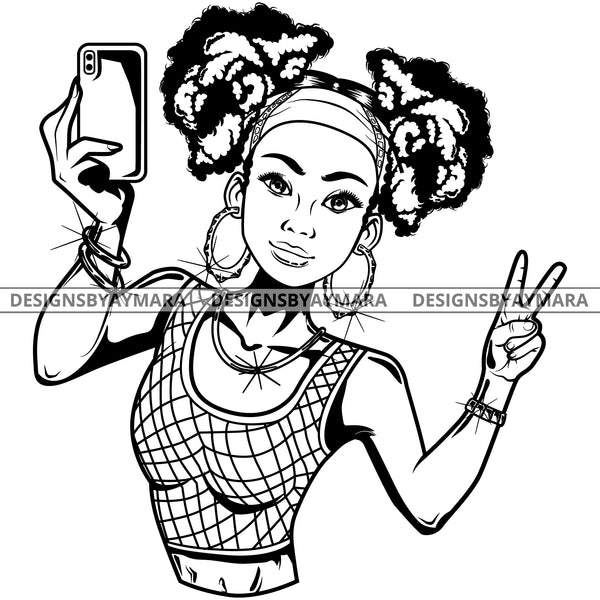 Black Goddess Lola Selfie Deuces Nubian Bamboo Hoop Earrings Sexy Fashion Portrait Woman Pigtails Hair Style B/W SVG Cutting Files For Silhouette  Cricut