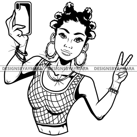Black Goddess Lola Selfie Deuces Nubian Bamboo Hoop Earrings Sexy Fashion Portrait Woman Banku Knots Hair Style B/W SVG Cutting Files For Silhouette  Cricut