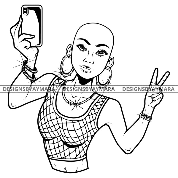 Black Goddess Lola Selfie Deuces Nubian Bamboo Hoop Earrings Sexy Fashion Portrait Woman Bald Hair Style B/W SVG Cutting Files For Silhouette  Cricut