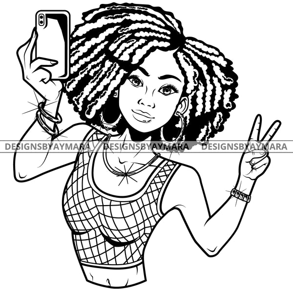 Black Goddess Lola Selfie Deuces Nubian Bamboo Hoop Earrings Sexy Fashion Portrait Woman Dreadlocks Hair Style B/W SVG Cutting Files For Silhouette  Cricut