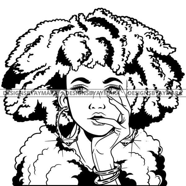 Black Goddess Lola Boss Lady  Nubian Portrait Bamboo Hoop Earrings Sexy Woman Afro Hair Style B/W SVG Cutting Files For Silhouette  Cricut