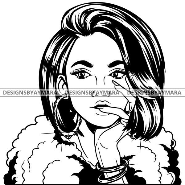 Black Goddess Lola Boss Lady Nubian Portrait Bamboo Hoop Earrings Sexy Woman Straight Hair Style B/W SVG Cutting Files For Silhouette  Cricut