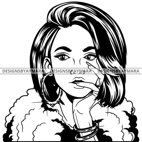 Black Goddess Lola Boss Lady Nubian Portrait Bamboo Hoop Earrings Sexy Woman Straight Hair Style B/W SVG Cutting Files For Silhouette  Cricut