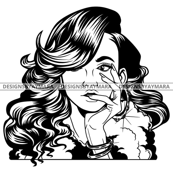 Black Goddess Lola Boss Lady  Nubian Portrait Bamboo Hoop Earrings Sexy Woman Wavy Hair Style B/W SVG Cutting Files For Silhouette  Cricut