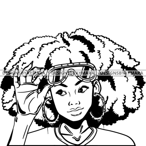 Black Goddess Lola Boss Lady Glasses Nubian Portrait  Bamboo Hoop Earrings Sexy Woman Afro Hair Style B/W SVG Cutting Files For Silhouette  Cricut