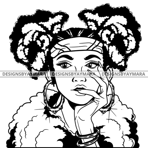 Black Goddess Lola Boss Lady  Nubian Portrait Bamboo Hoop Earrings Sexy Woman Pigtails Hair Style B/W SVG Cutting Files For Silhouette  Cricut