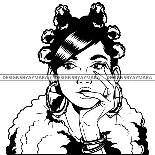 Black Goddess Lola Boss Lady Nubian Portrait Bamboo Hoop Earrings Sexy Woman Banku Knots Hair Style B/W SVG Cutting Files For Silhouette  Cricut