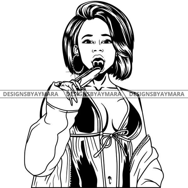 Black Goddess Lola Boss Lady Bamboo Hoop Earrings Sexy Sucking Lingerie Woman Straight Hair Style B/W SVG Cutting Files For Silhouette  Cricut