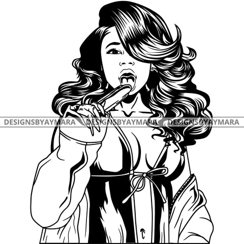 Black Goddess Lola Boss Lady Bamboo Hoop Earrings Sexy Sucking Lingerie Woman Wavy Hair Style B/W SVG Cutting Files For Silhouette  Cricut