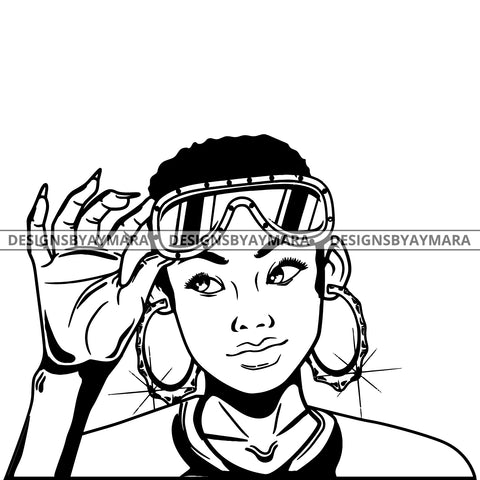 Black Goddess Lola Boss Lady Glasses Nubian Portrait Bamboo Hoop Earrings Sexy Fashion Woman Short Hair Style B/W SVG Cutting Files For Silhouette  Cricut