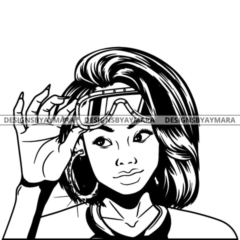 Black Goddess Lola Boss Lady Glasses Nubian Portrait  Bamboo Hoop Earrings Sexy Fashion Woman Straight Hair Style B/W SVG Cutting Files For Silhouette  Cricut