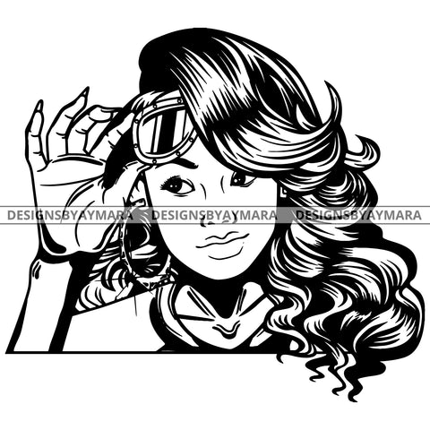 Black Goddess Lola Boss Lady Glasses Nubian Portrait  Bamboo Hoop Earrings Sexy Fashion Woman Wavy Hair Style B/W SVG Cutting Files For Silhouette  Cricut